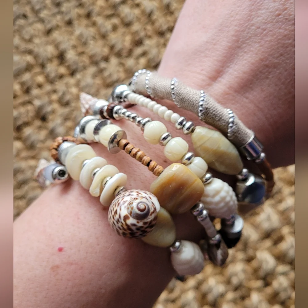 6 Strand Earthy Wraparound Bracelet, Stone, Shell & Wood. Cream, Silver, Brown.